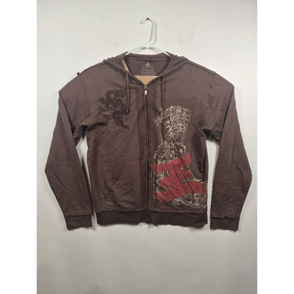 Aces & Eights Zip Up Hoodie Mens XL Brown Dragon Geisha Graphic Y2K Streetwear